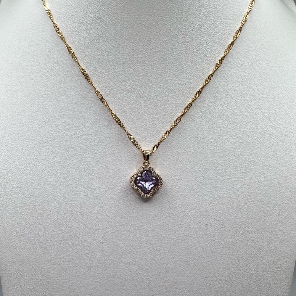 Gold light Purple and Diamond Clover Pendant Necklace